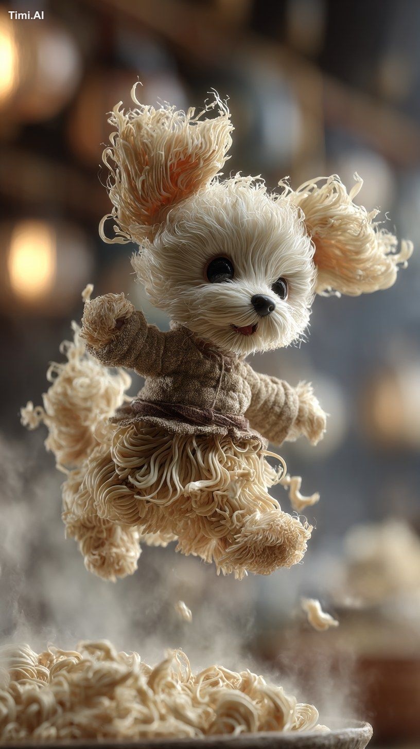 A hyper-realistic hybrid creature combining a Maltese and ramen noodles…