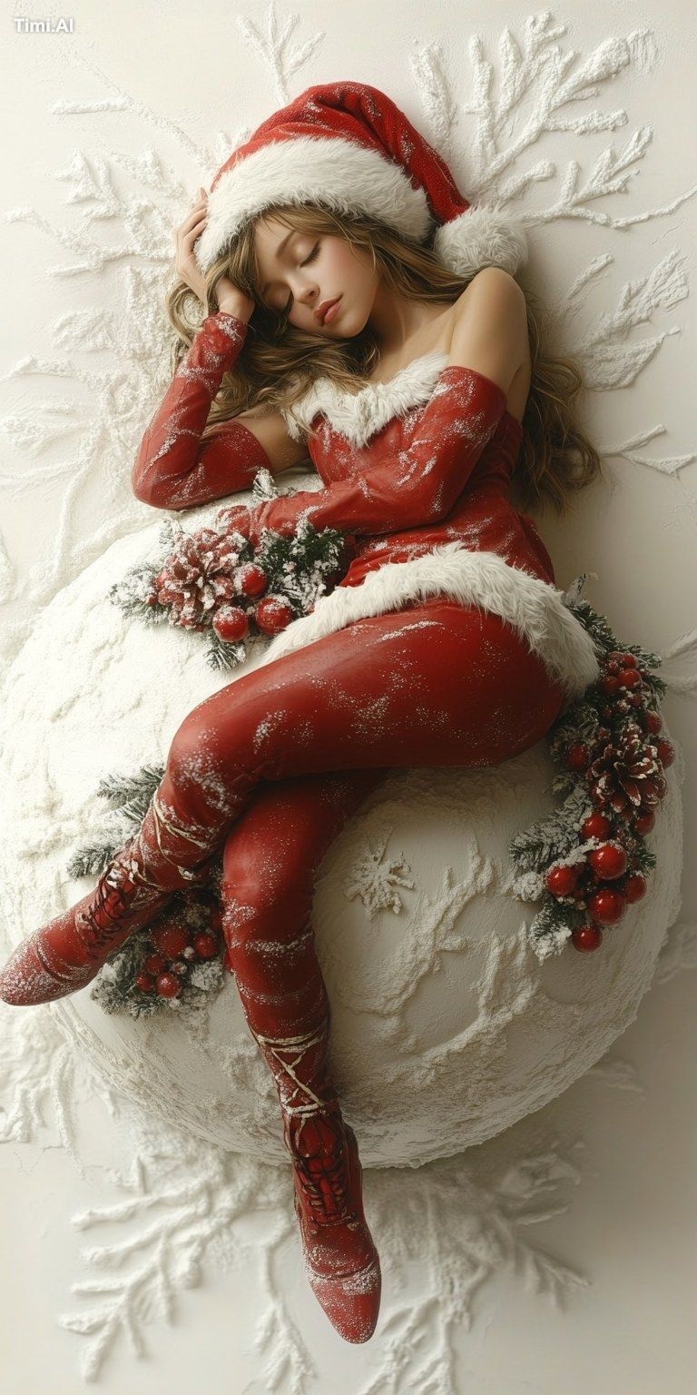 A beautiful fairy in a Santa costume and Santa hat lying on an oversize…