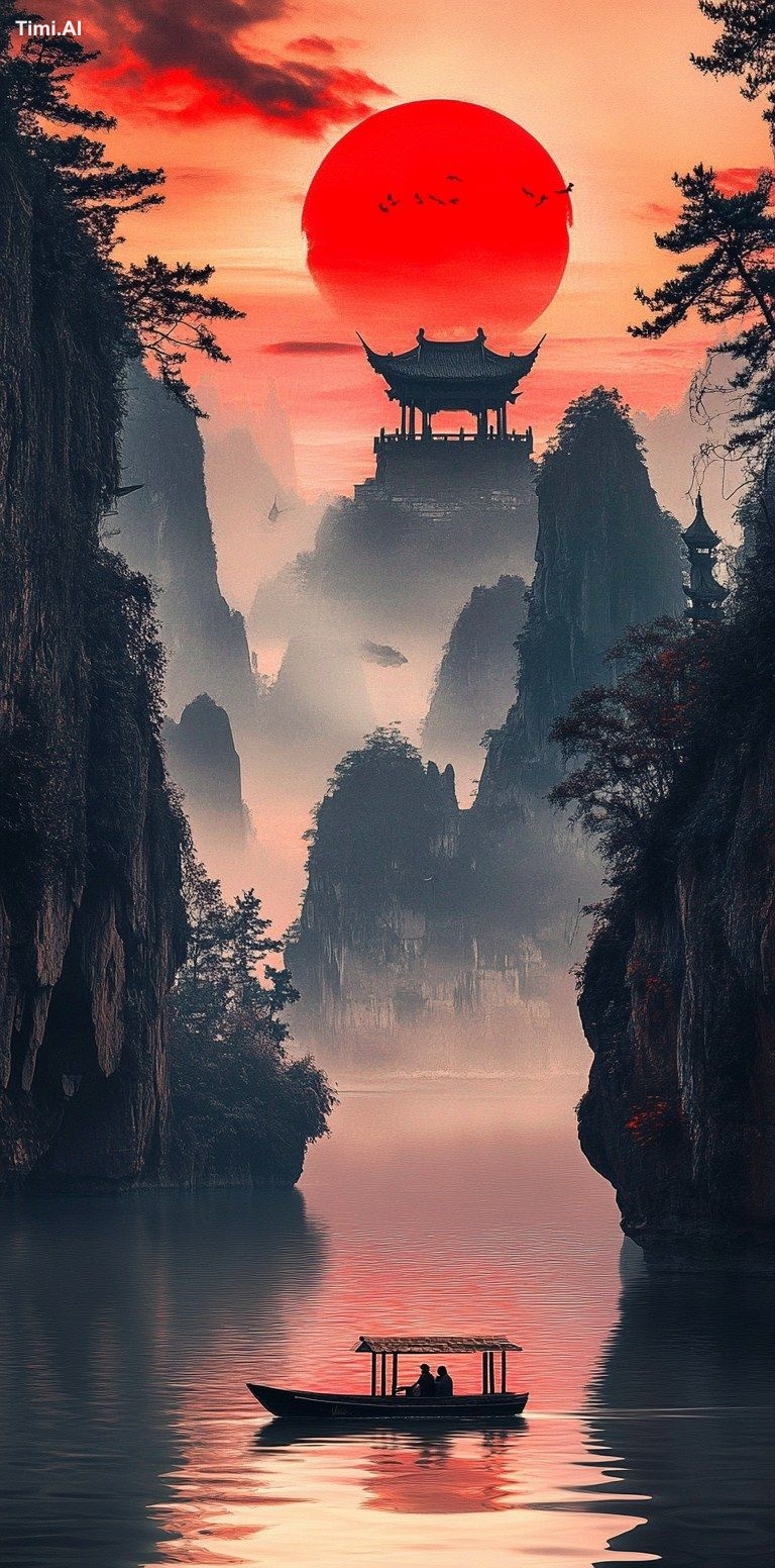Chinese landscape, sunset in the west of mountains and rivers, Chinese-…