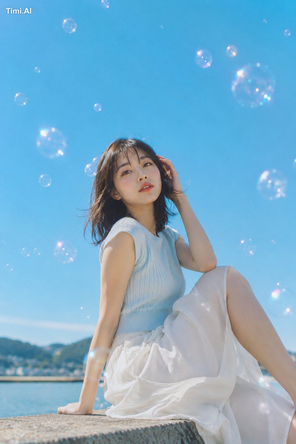 20代女性。自然で成熟した日系の顔立ち、清透感のある写真用メイク。肌は明るくなめらかだが、毛穴や産毛をわずかに残したリアルな質感。淡いローズ系…