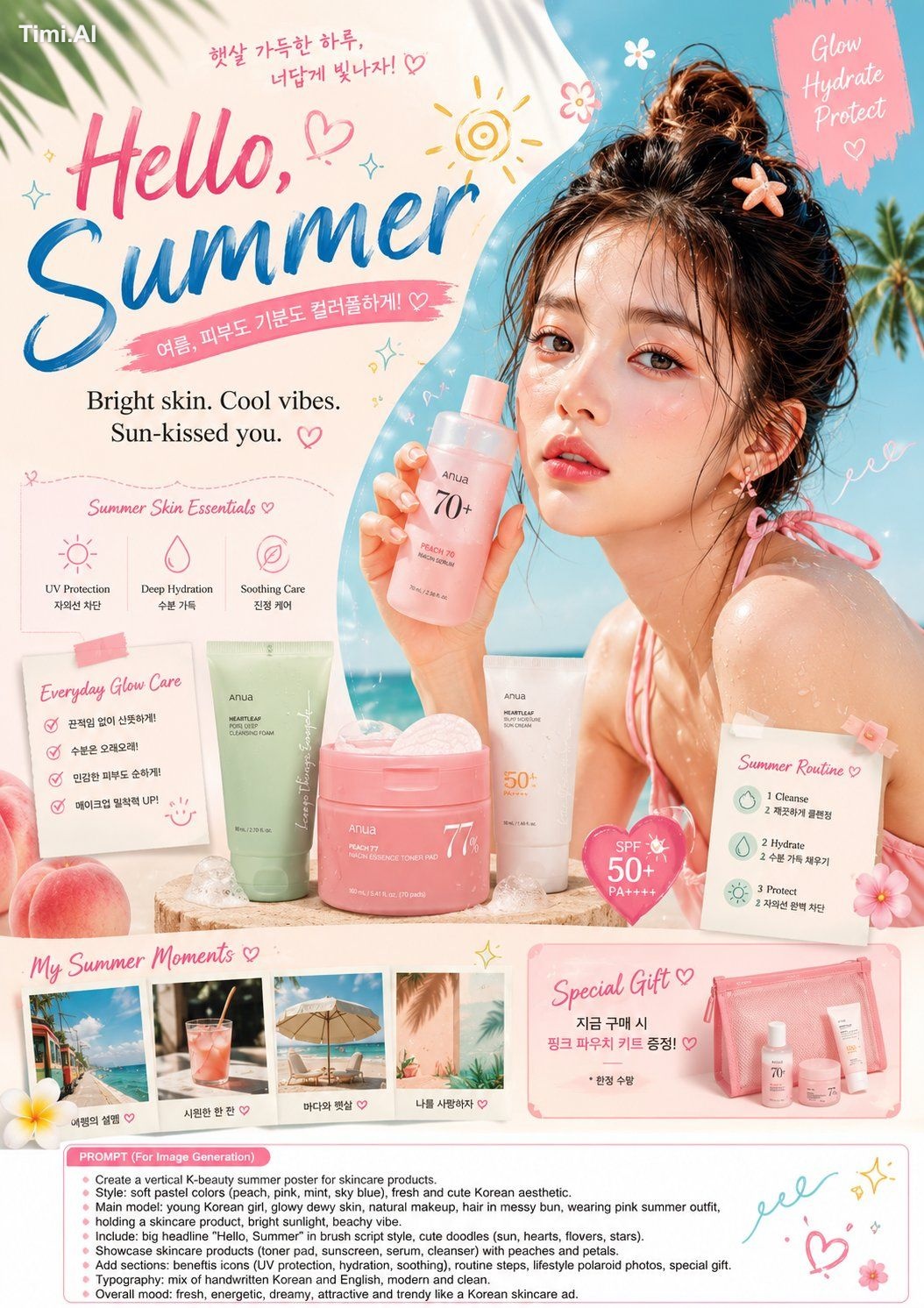 Design a trendy K-beauty summer skincare advertisement poster, cute Kor…
