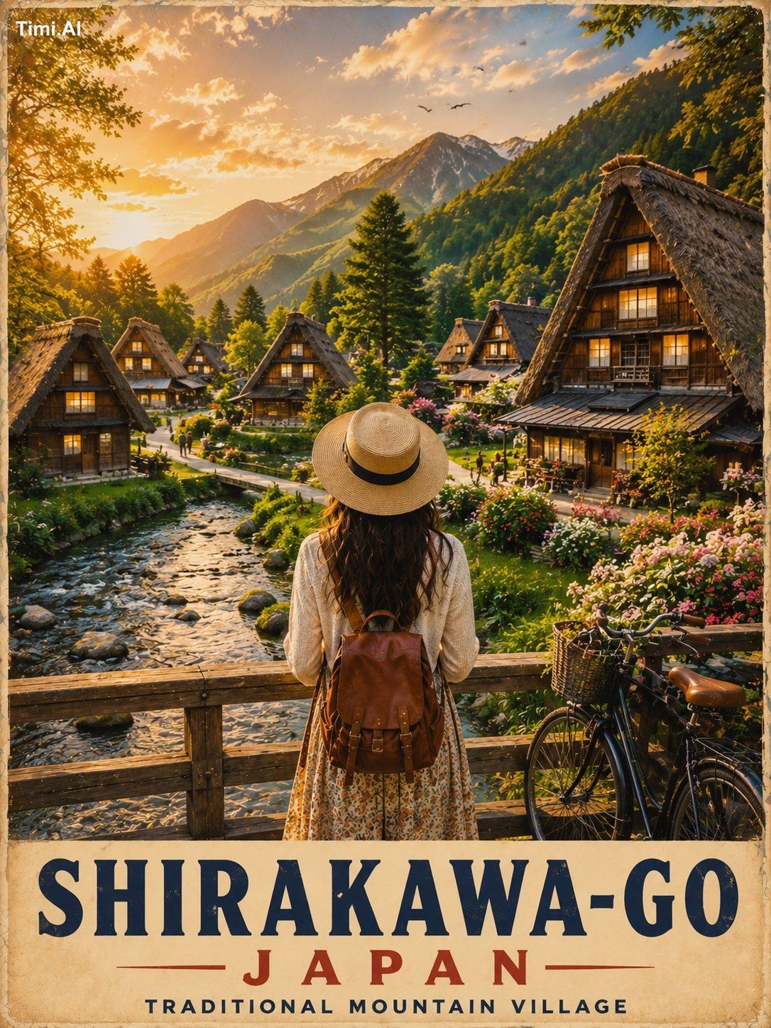 A breathtaking vintage-style travel poster of Shirakawa-go, Japan durin…