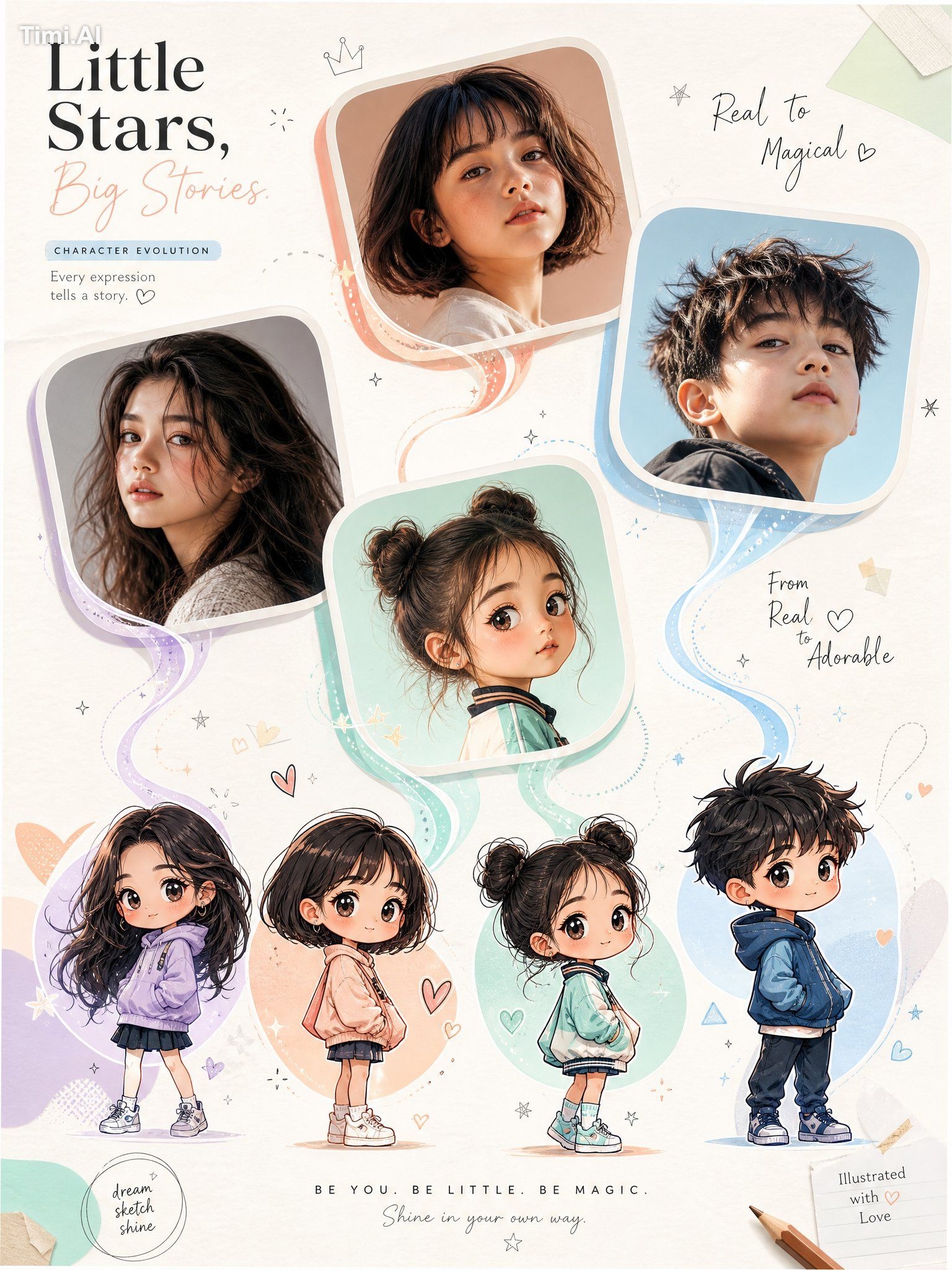 2D chibi characters A premium editorial-style character evolution poste…