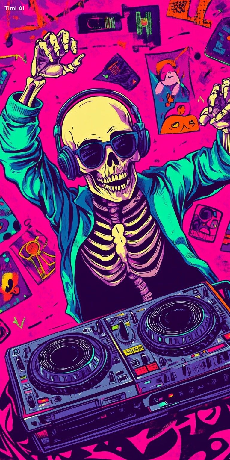 A Skeleton joyfull DJ spinning a turn table with one hand and the other…
