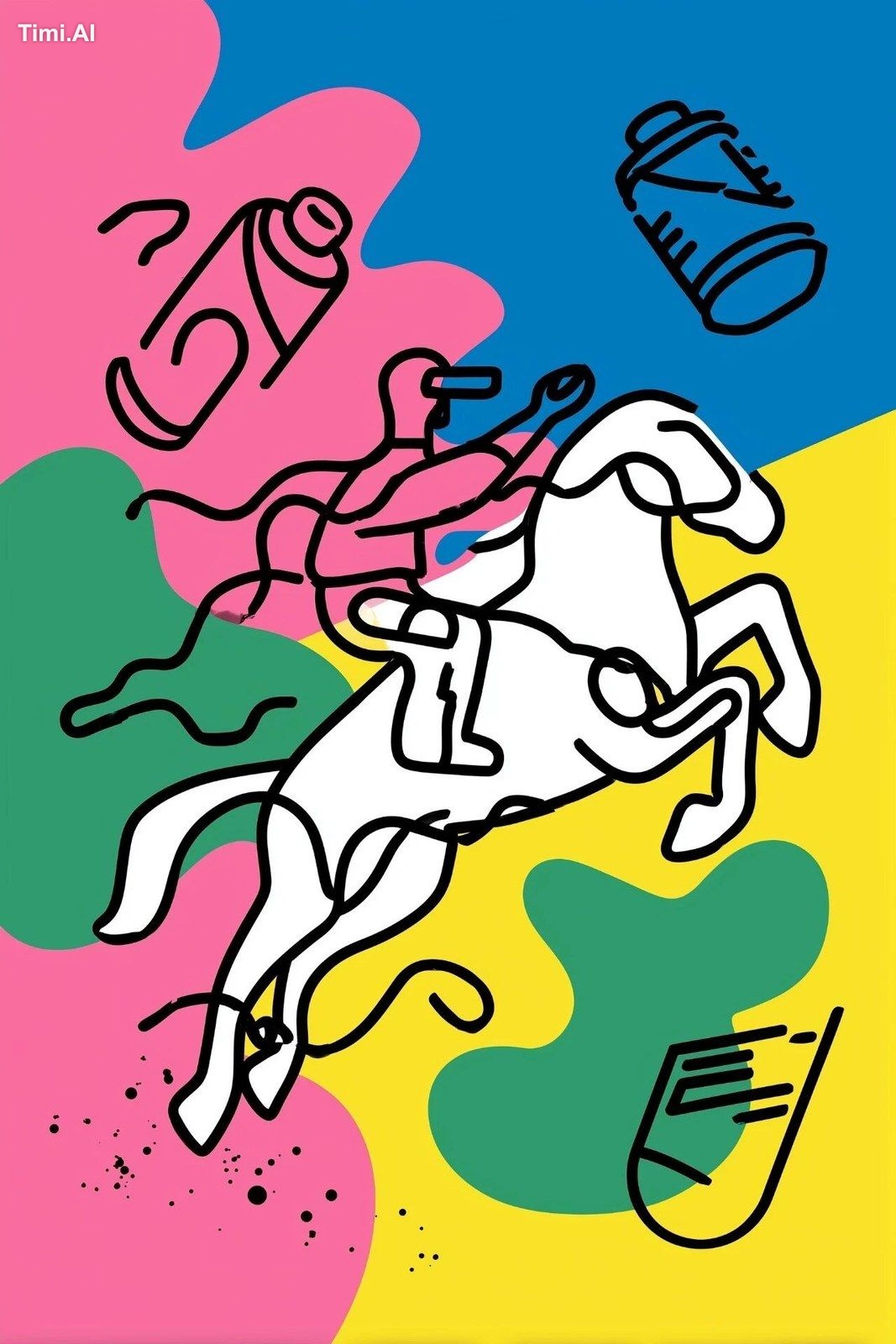 graphic festival poster, giant horse jumping through the sky, ultra sim…