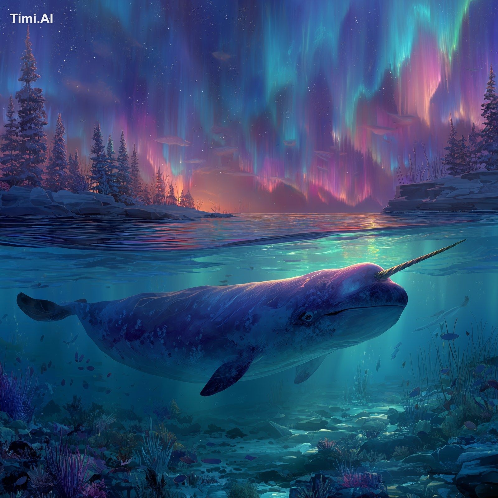 A narwhal in the ocean on winter solstice with Northern Lights Aurora B…