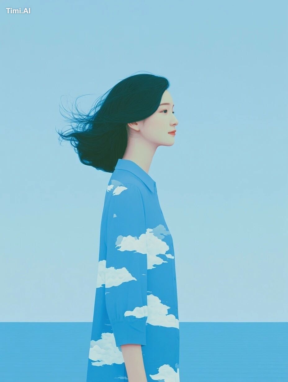 A high-detail Gongbi chinese girl with clouds on her shirt and the ocea…