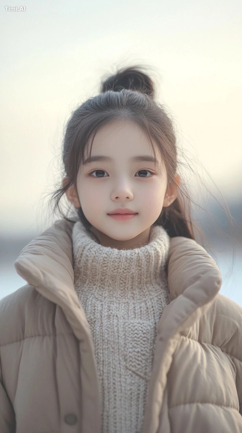 smile A 12-year-old Korean girl wearing a cozy thick sweater layered un…