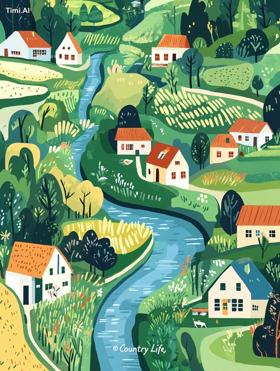 The poster features an illustration of the countryside, with green rice…
