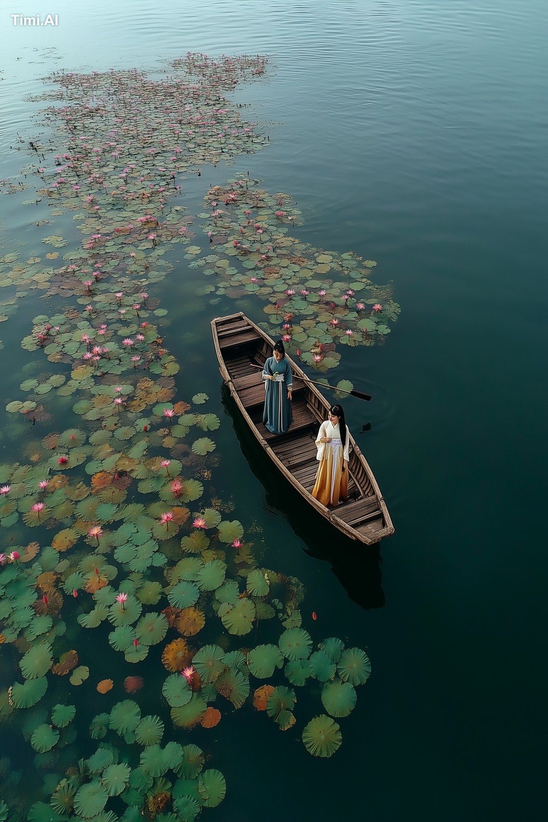 On the lake, a wooden boat sails leisurely. This is a Chinese-style arc…