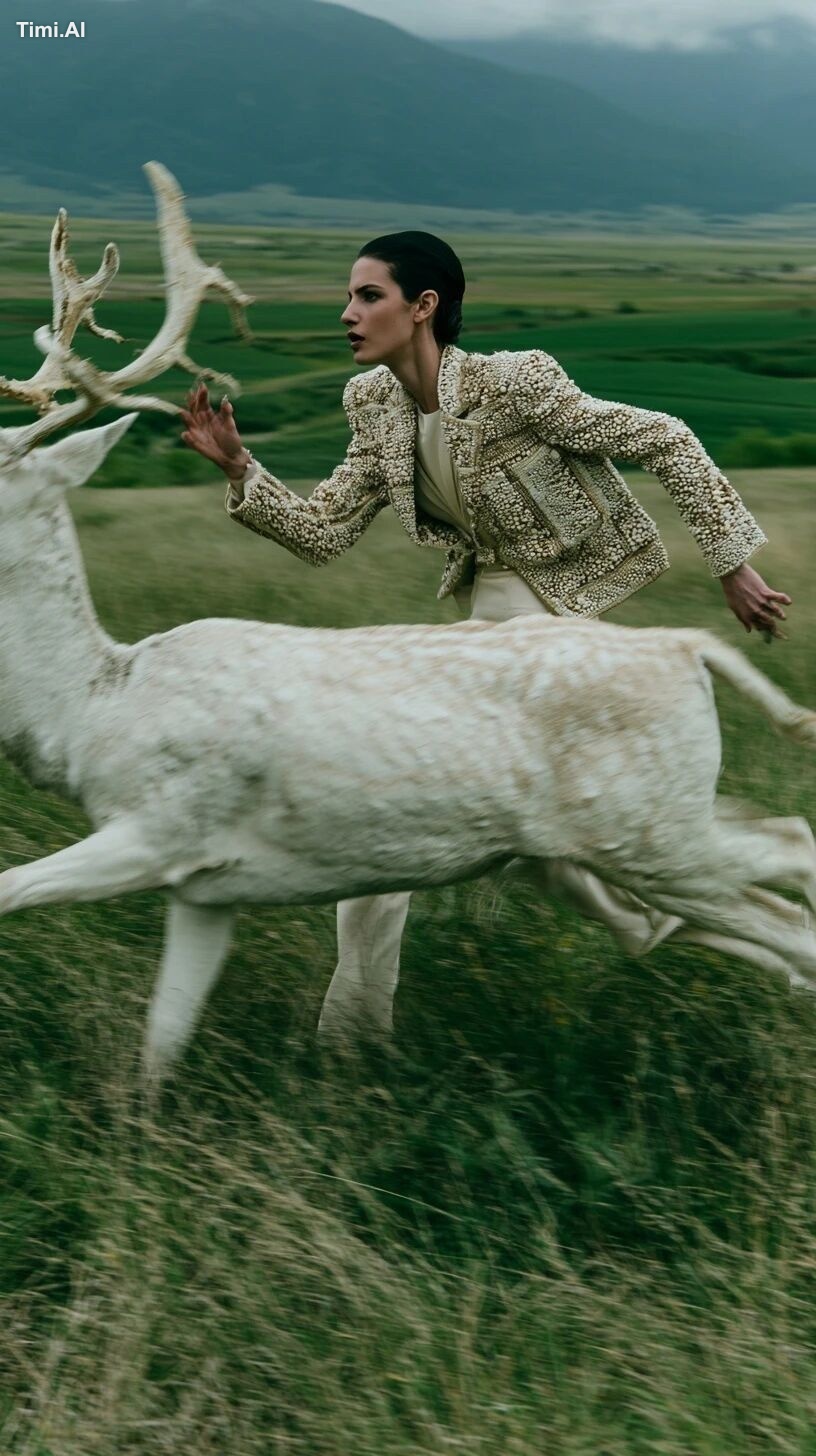 High fashion editorial photography, picture in motion, wide full body s…