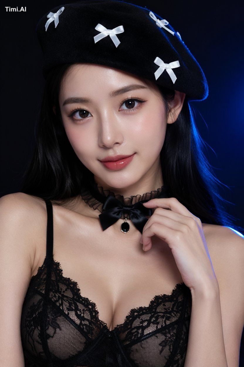 写实竖幅近景魅力美妆人像，精致棚拍写真风格。成年东亚女性，21岁以上，上胸至头顶，深黑色/海军蓝棚拍背景。直面镜头——柔和自信的表情，放松眼神… 1
