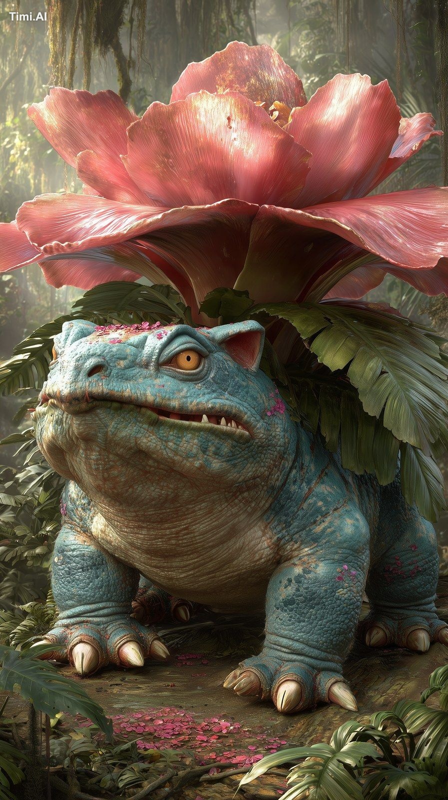 A hyper-realistic Venusaur in a dense jungle, resembling a powerful rep…