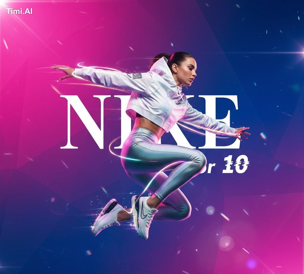 A dynamic fashion advertisement for Nike showing a hyper-realistic mode… 1