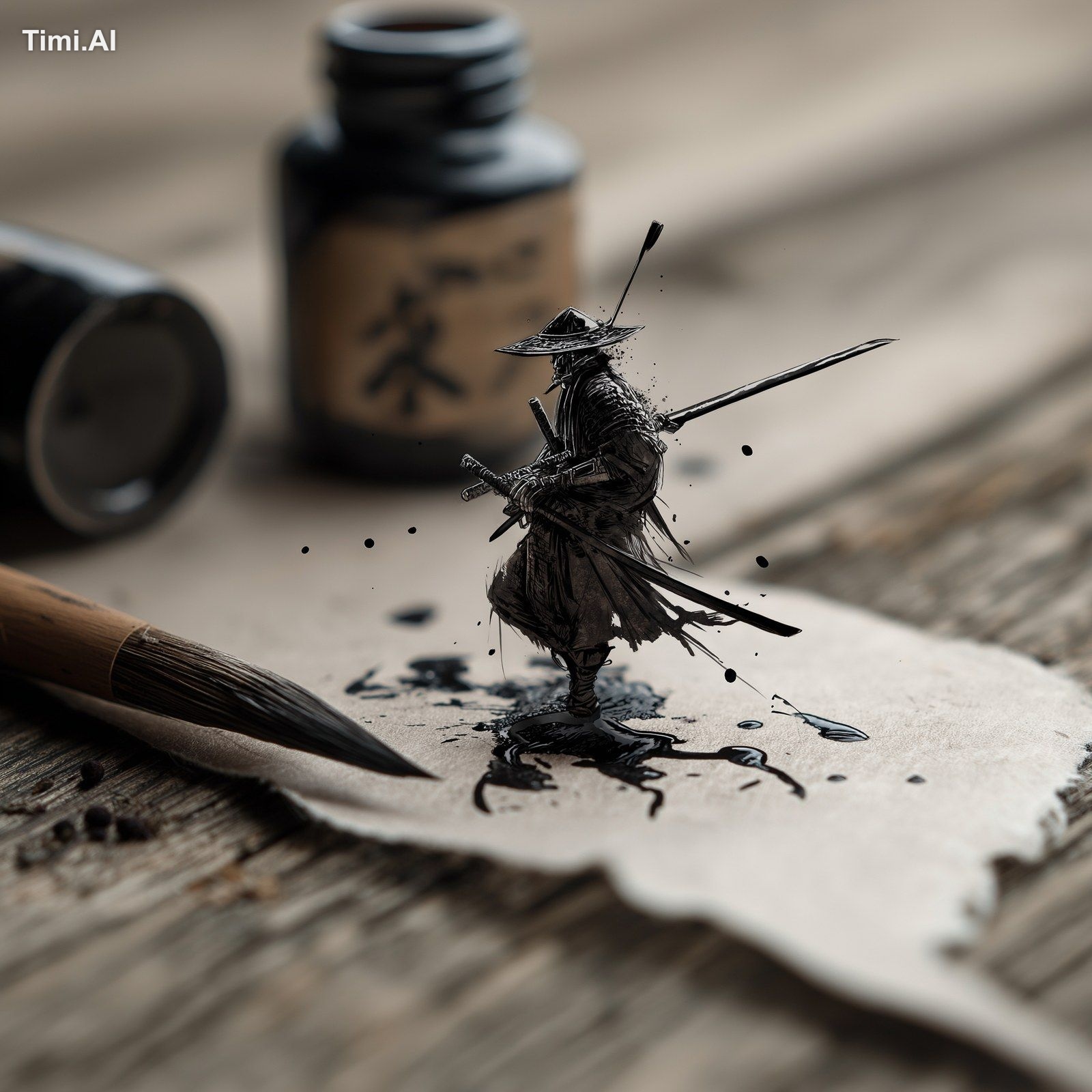 A minimalist ink drawing of samurai with samurai sword with clean, inte…