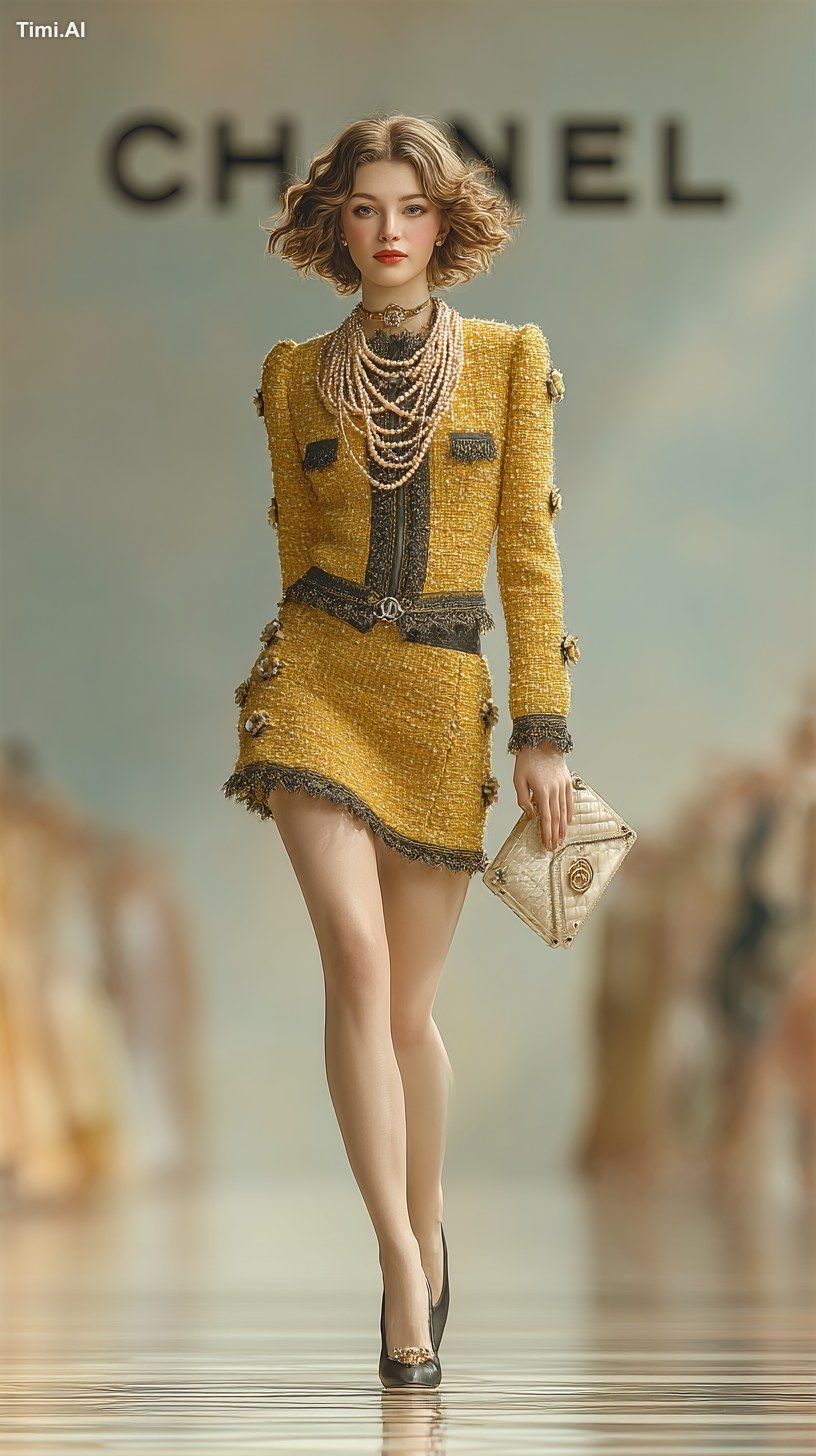 A hyper-realistic full-body runway photo of a 20-something fashion mode…
