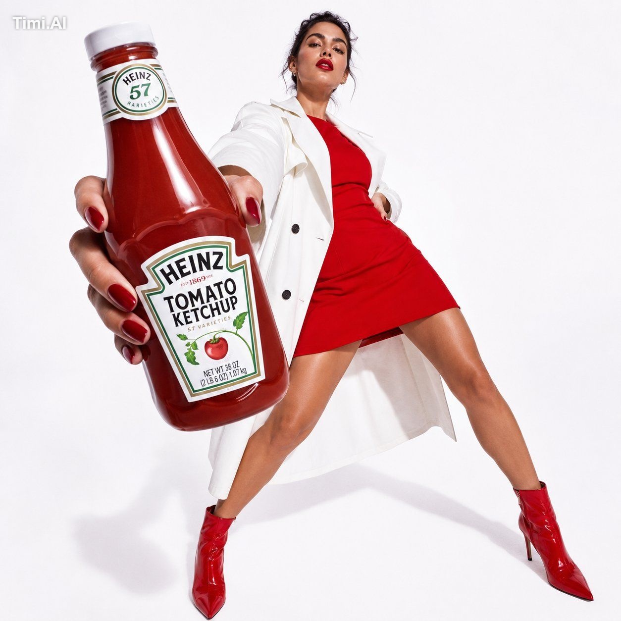 Low-angle fashion campaign photograph of a confident model holding a la…