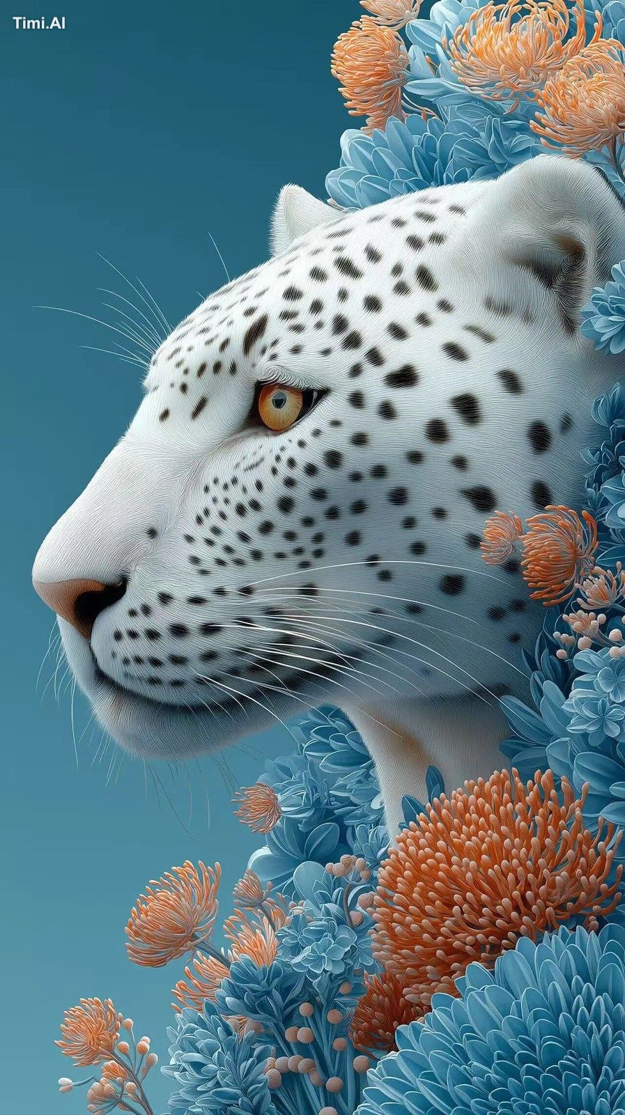 Illustration of a white leopard surrounded by blue and orange flowers, …