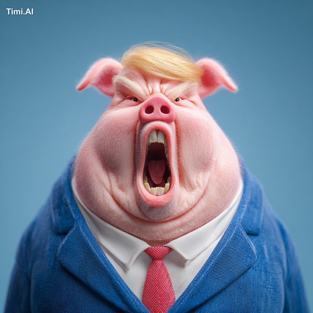a realistic fat pink ANGRY pig face SHOUTING on a fat human body wearin…