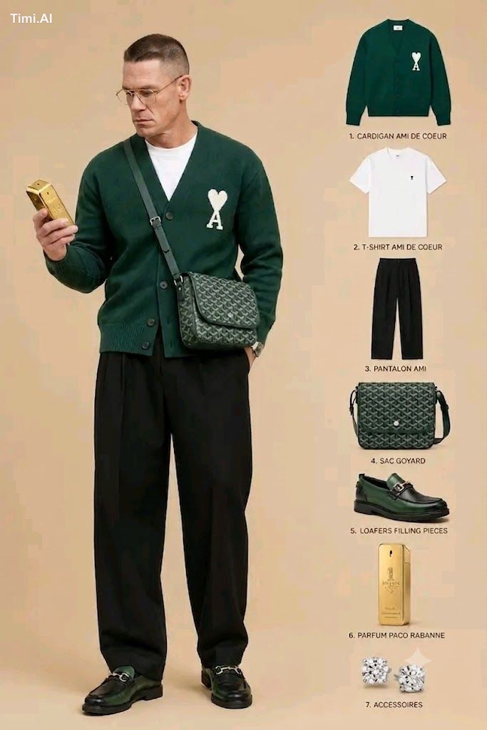 Create a premium men's fashion mood board on a clean, neutral beige bac…