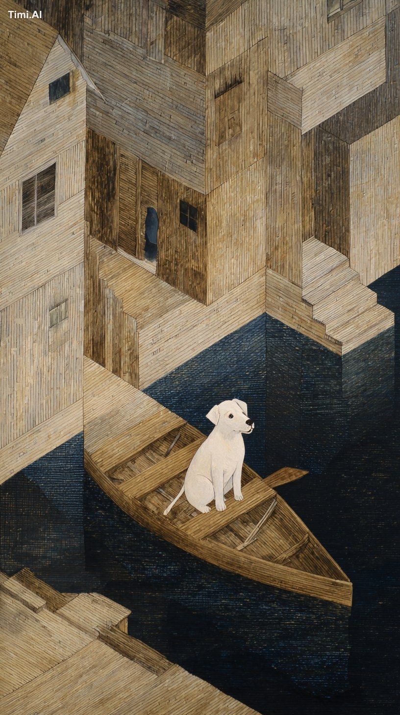 a white dog in a rowboat, floating next to a house on wooden planks, wi…