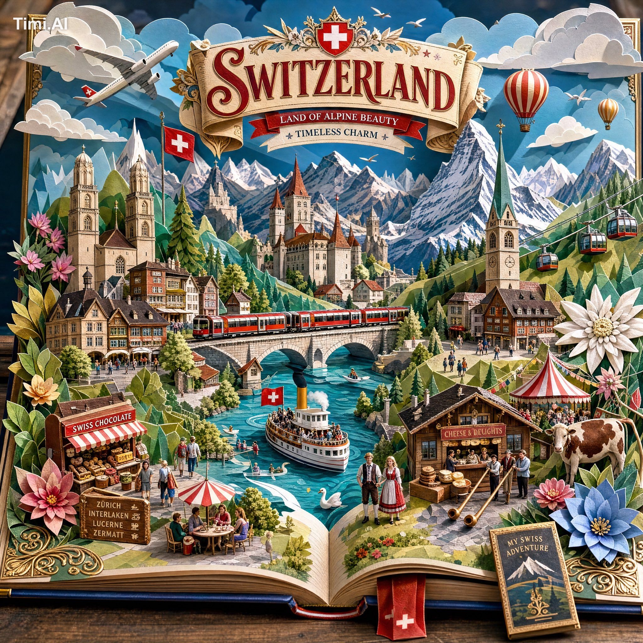Create an ultra-detailed handcrafted 3D pop-up storybook travel illustr… 3