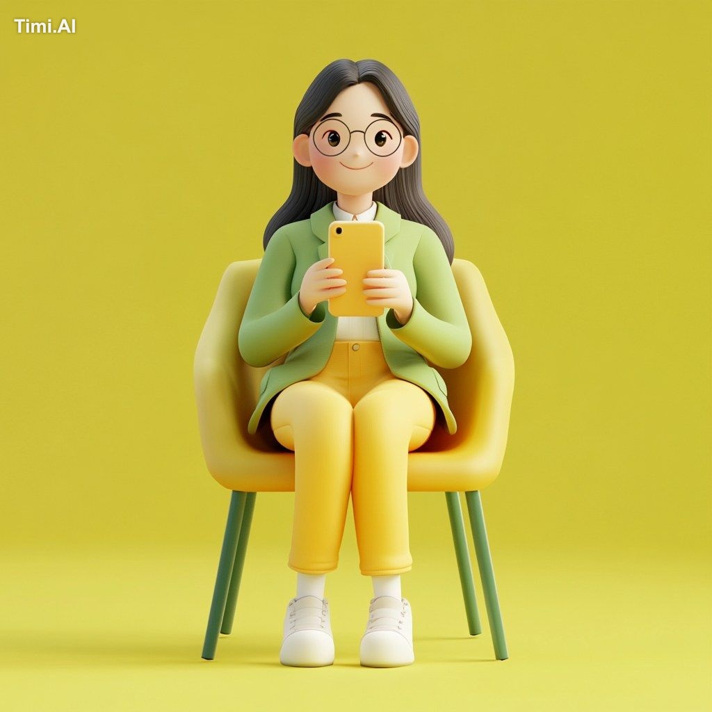 A playful 3D character illustration of a 25-year-old Asian woman with a…