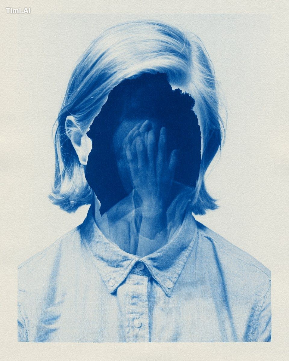 a cyanotype print showcases a woman with light colored hair, parted on …