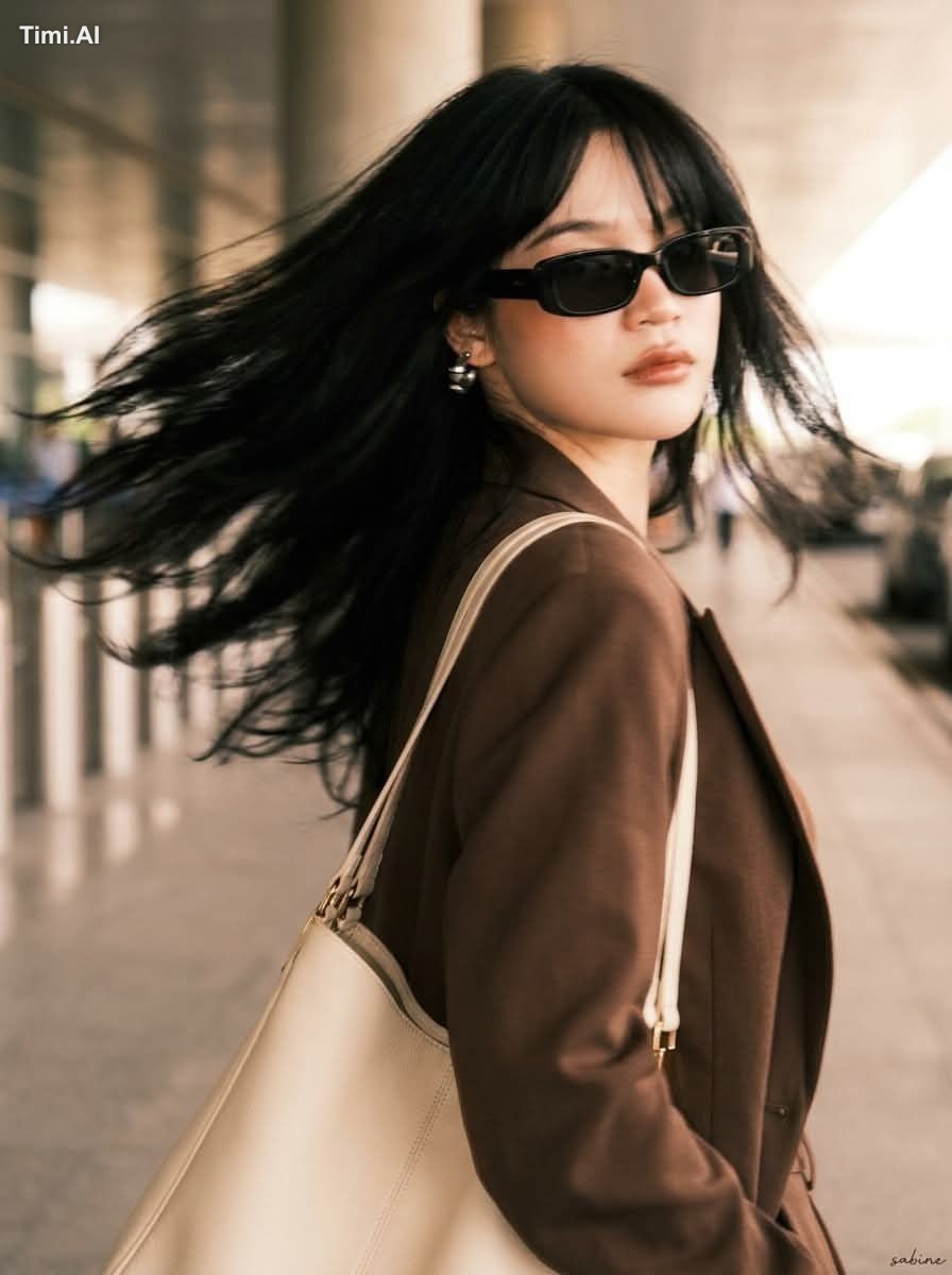 A stylish young woman with long layered black hair and soft curtain ban…