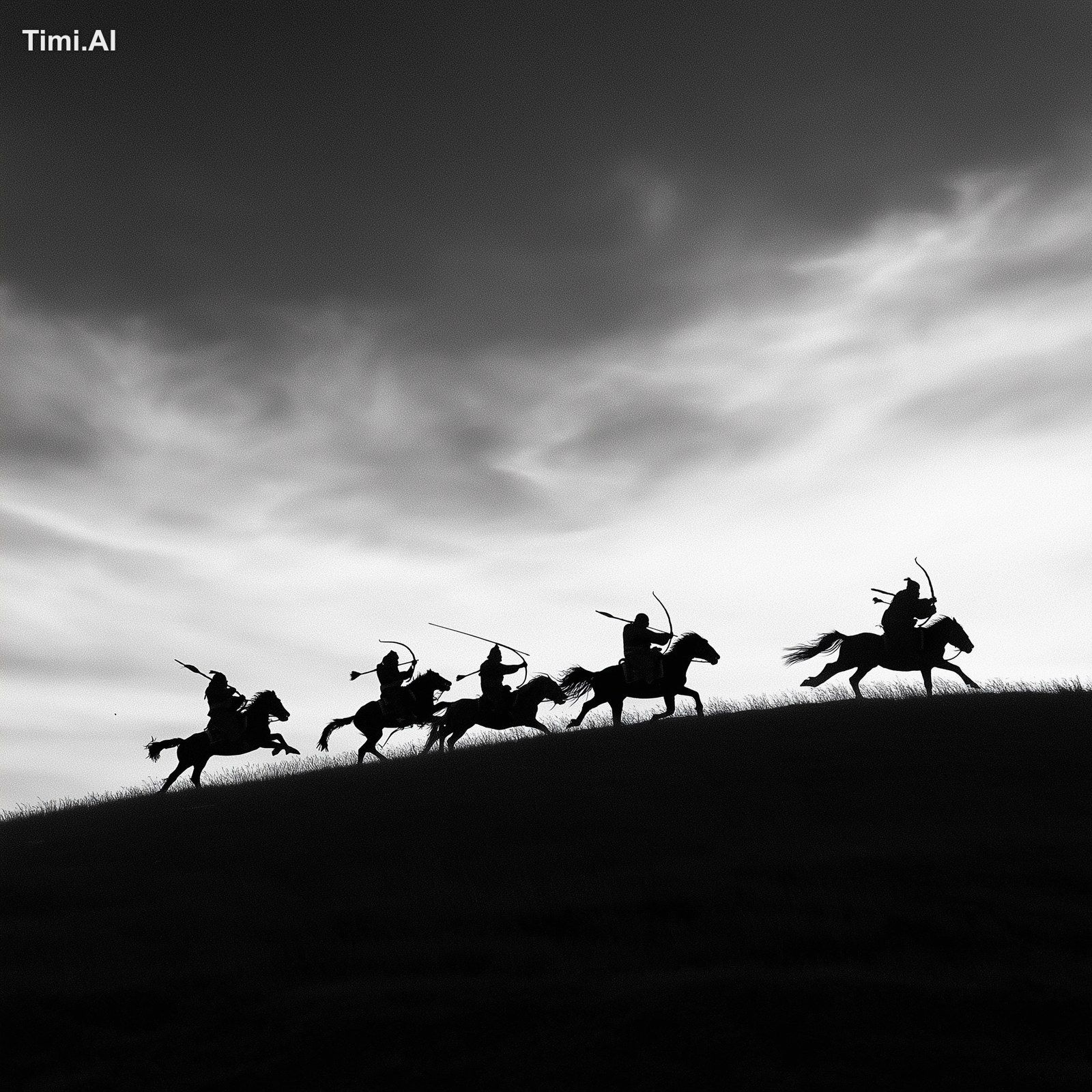 Black-and-white photo of silhouettes of Central Asian nomadic horsemen,…