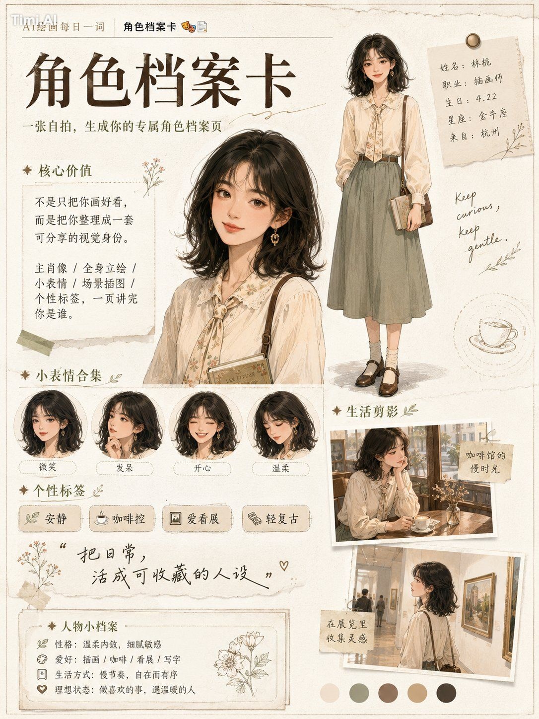 可以直接这样写： 请基于我上传的 3—5 张人物照片，生成一张高完成度的「角色档案卡 / 角色设定页」。 要求： 1. 保留人物真实相貌特征，…