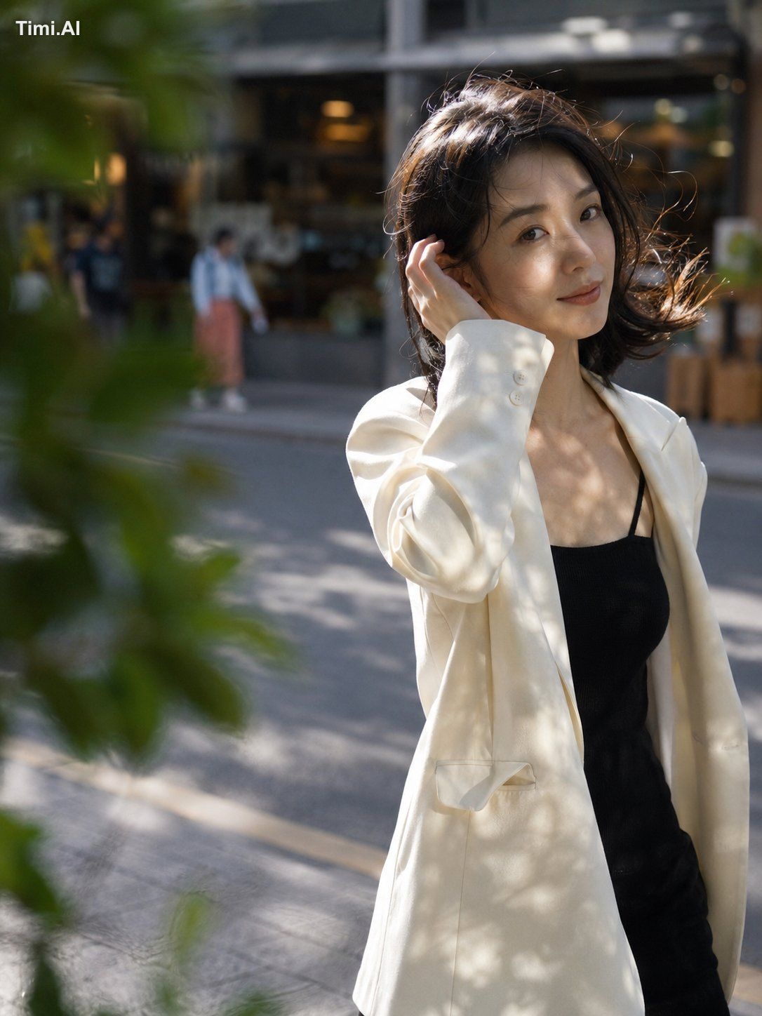 主体：一位25岁左右的中国女性，鹅蛋脸，黑色及肩微卷长发被风吹起几缕，穿米白色oversized西装外套内搭黑色吊带，锁骨清晰 动作与姿态：走…