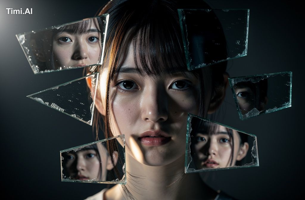 20代の若い日本人女性、断片化された鏡のような効果のポートレート、顔の周りに浮かぶ複数の反射破片、それぞれの破片がわずかに異なる表情を見せる、…