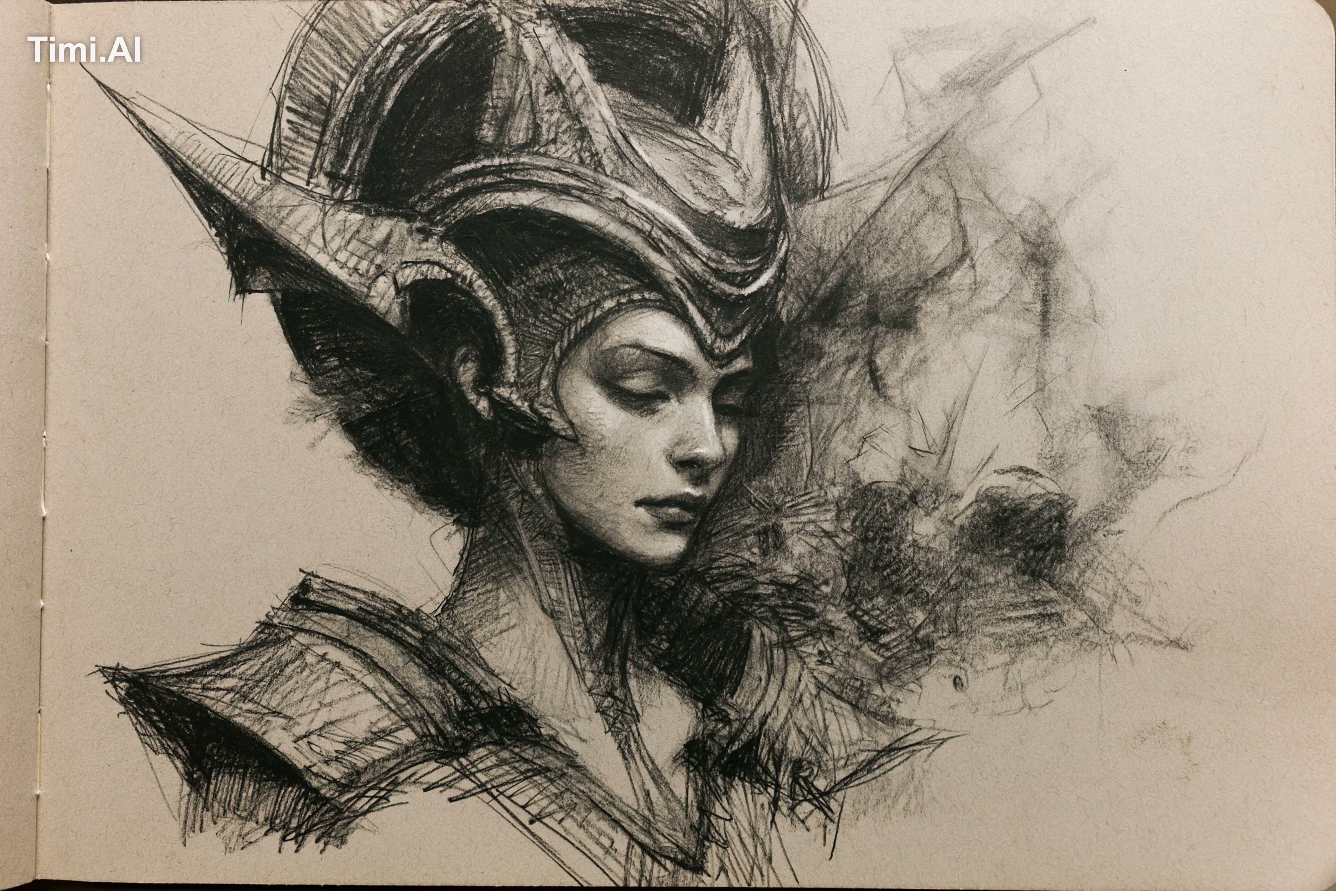 A charcoal sketch of a [subject], raw and textured with expressive shad… 3