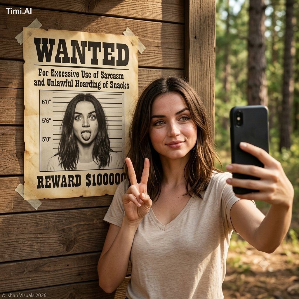 A photo of a woman taking a selfie in front of a wooden wall with a vin…