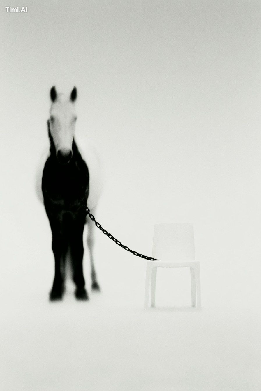 horse chained to a plastic chair white background, minimal, zoomed out …