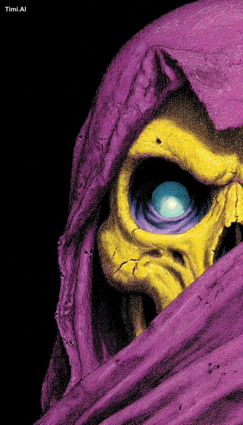 Close-up of Skeletor‘s glowing eyes in his yellow skull, in a purple hi…