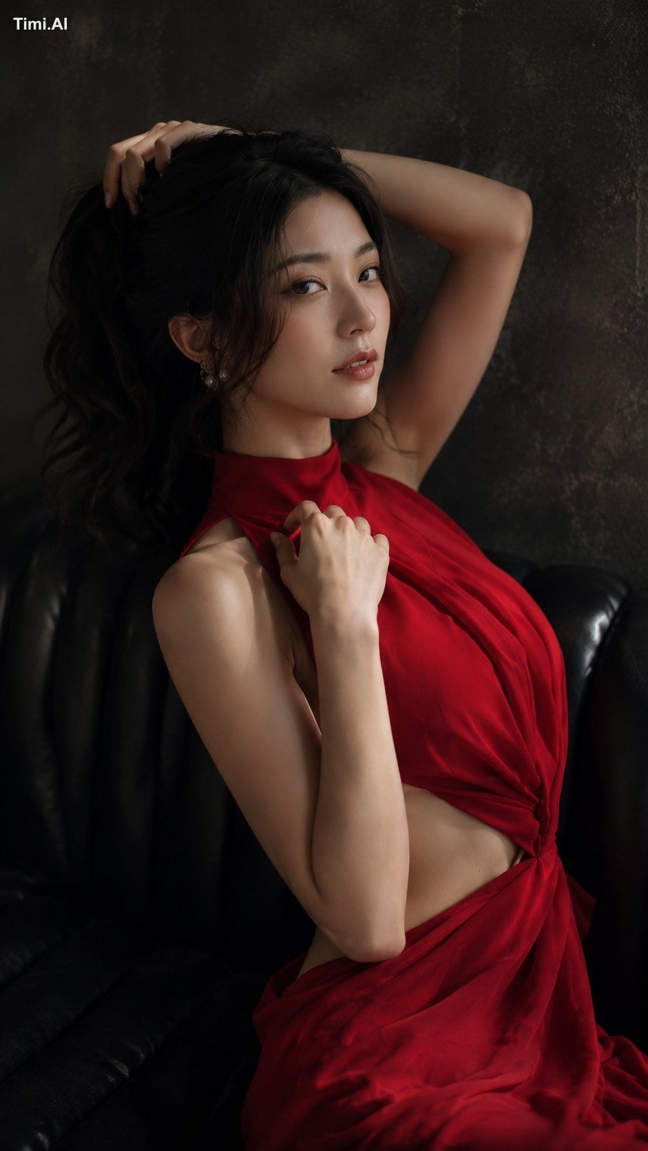 写实竖幅魅力时尚写真人像，沉郁豪华休闲室场景。成年东亚女性，21岁以上，坐于深色质感炭灰色墙前的黑色皮质沙发上。略偏右，髋部至头顶，身体优雅朝… 3