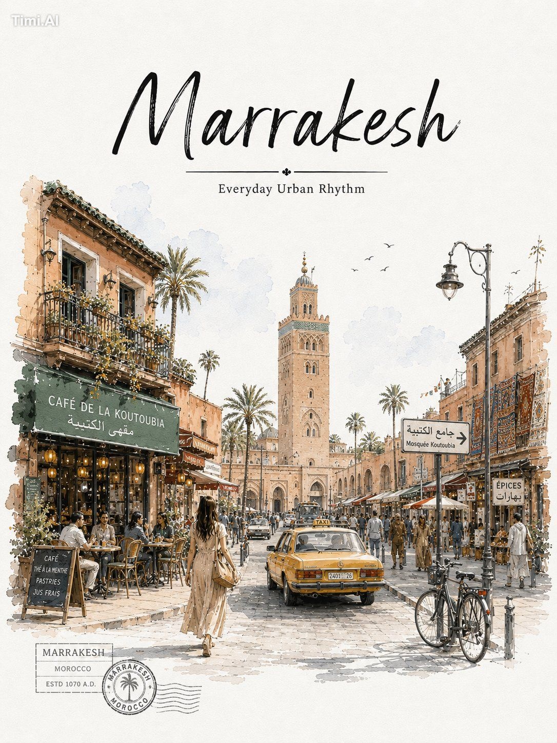 A minimalist vintage watercolor travel poster illustration of Marrakesh…
