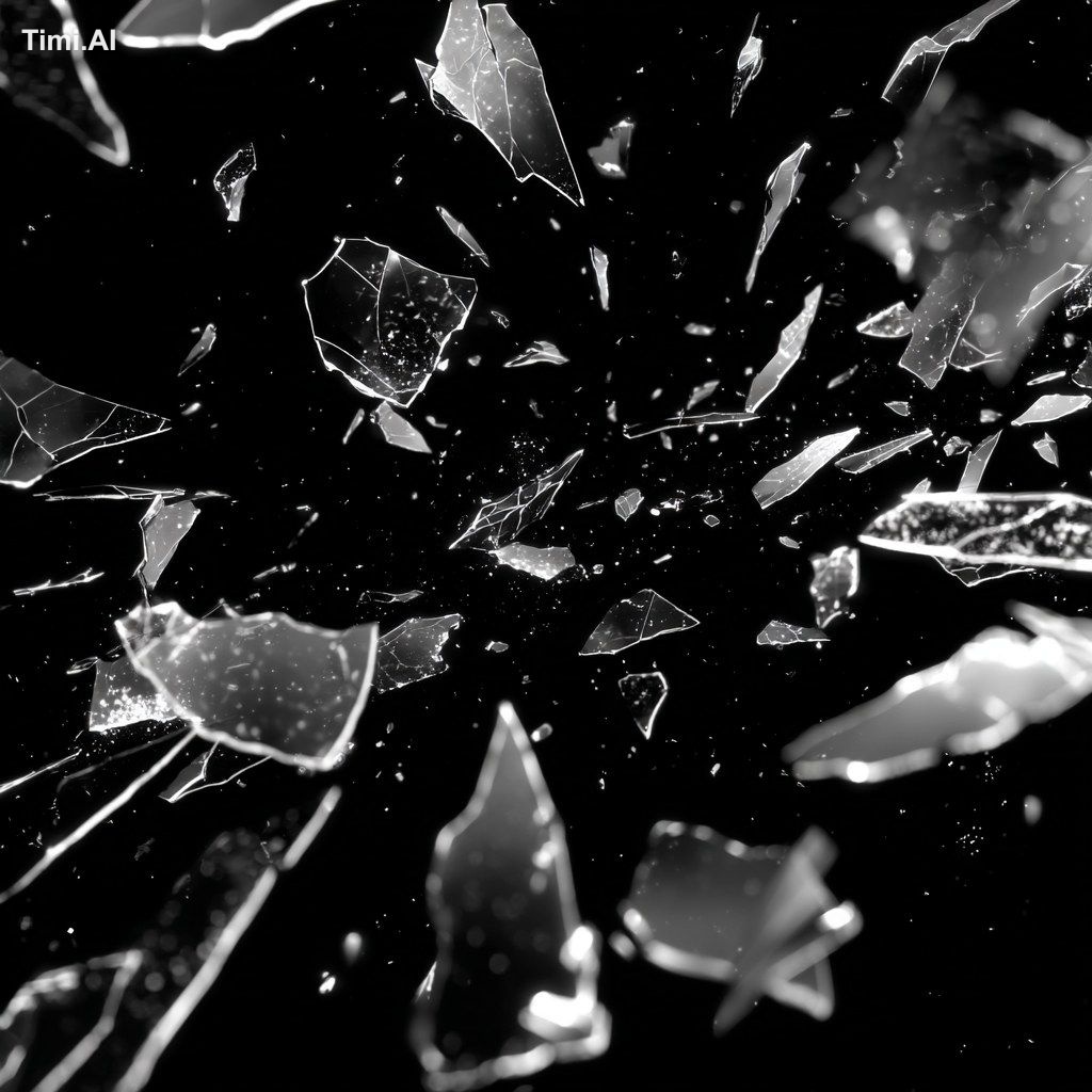 Broken glass shards against a pure black background; shattered glass; M…