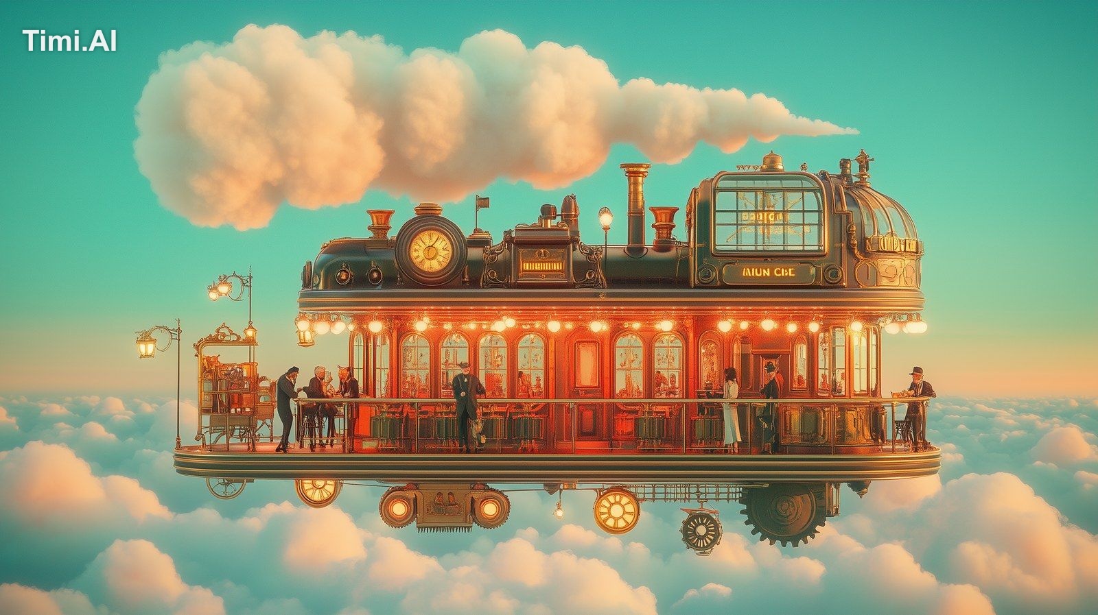 Create a whimsical floating steampunk café structure suspended among co…