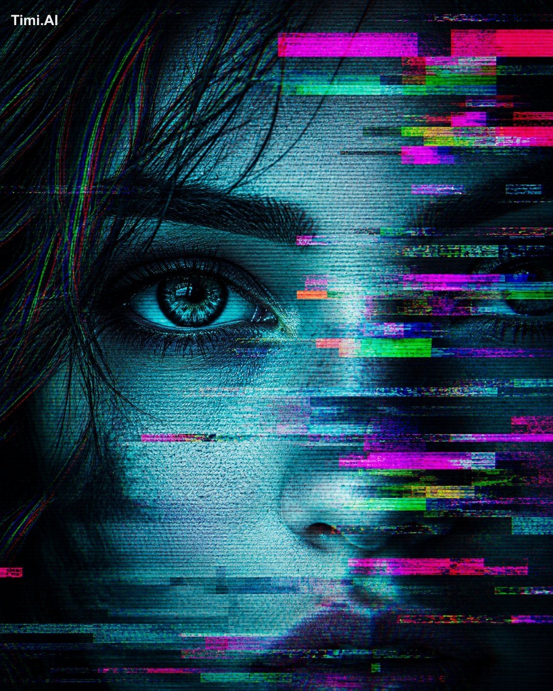 Extreme close-up glitch art portrait, tight crop on upper face, one eye… 1