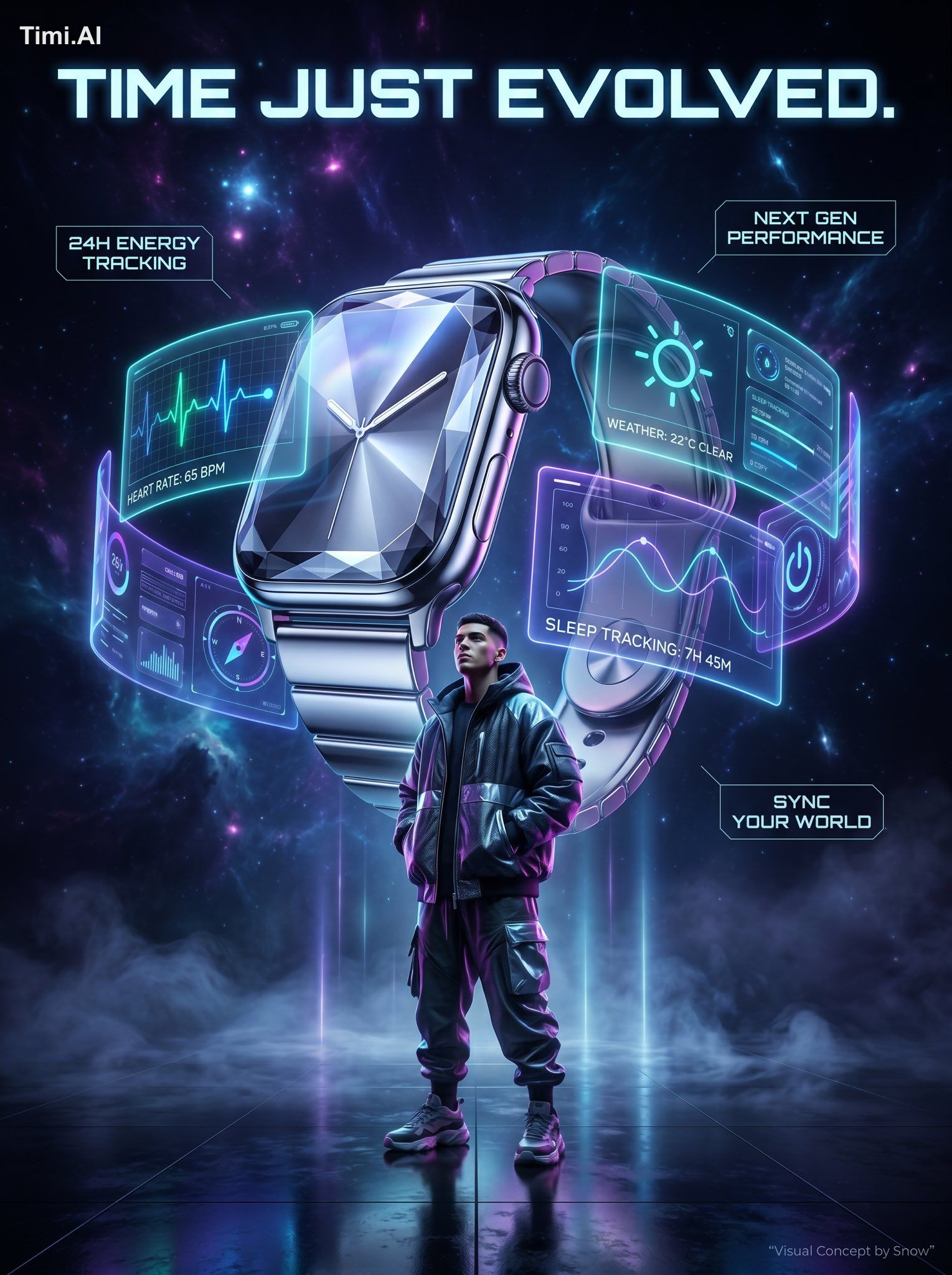 Futuristic infographic-style commercial artwork featuring a gigantic fl…