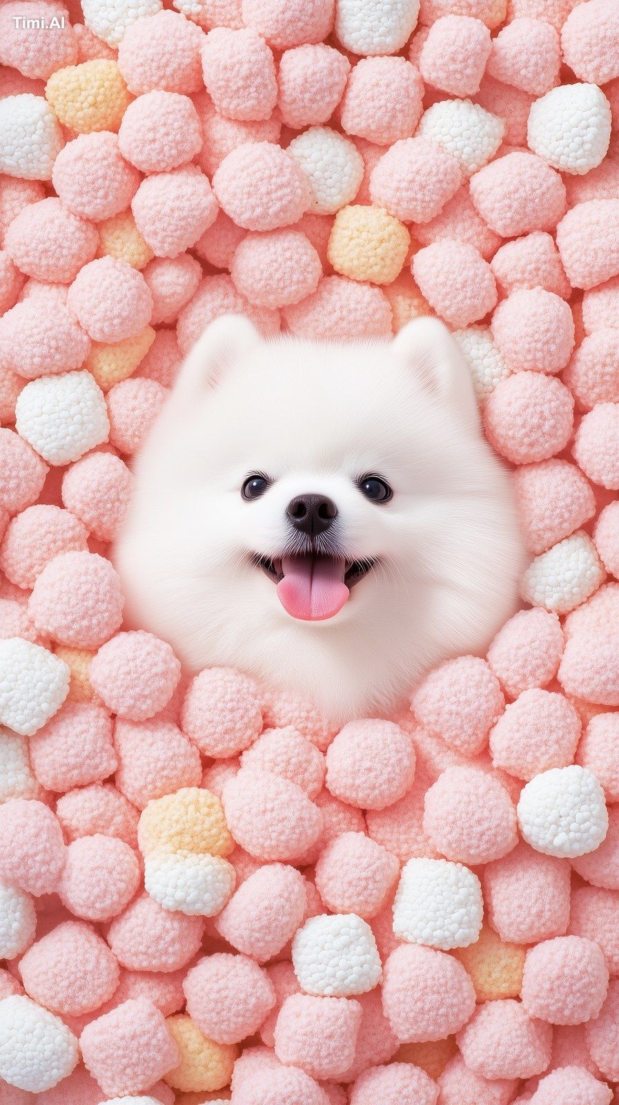 photograph of a tiny cute white dog , sitting inside a mountain of dogs…
