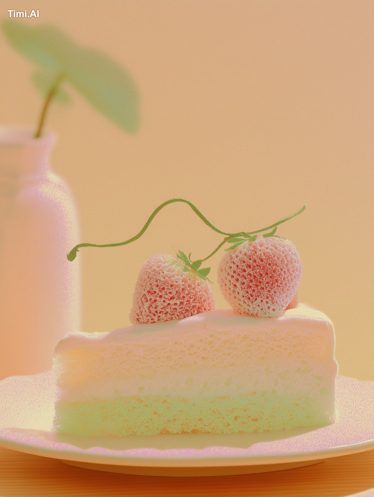 A minimalist scene on a pure white background. A slice of white whipped…