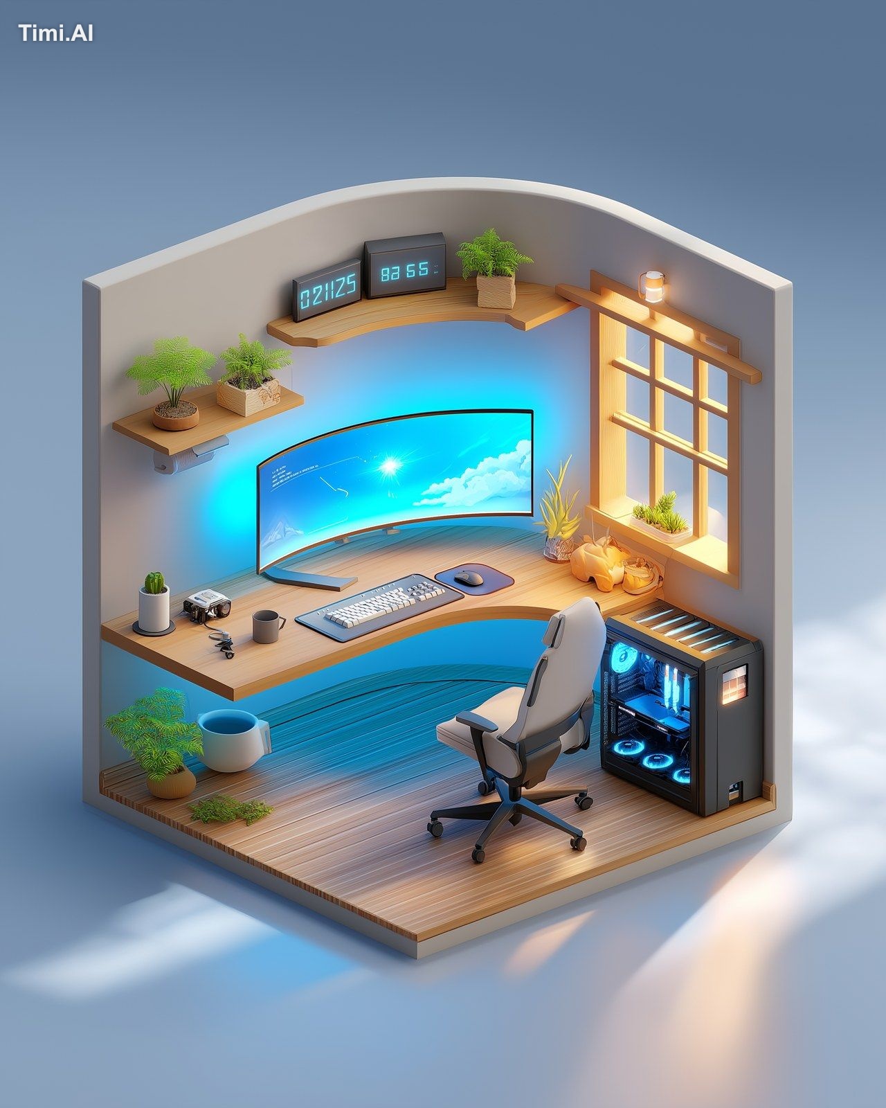 isometric 3d render of a modern productivity desk setup with wooden des…