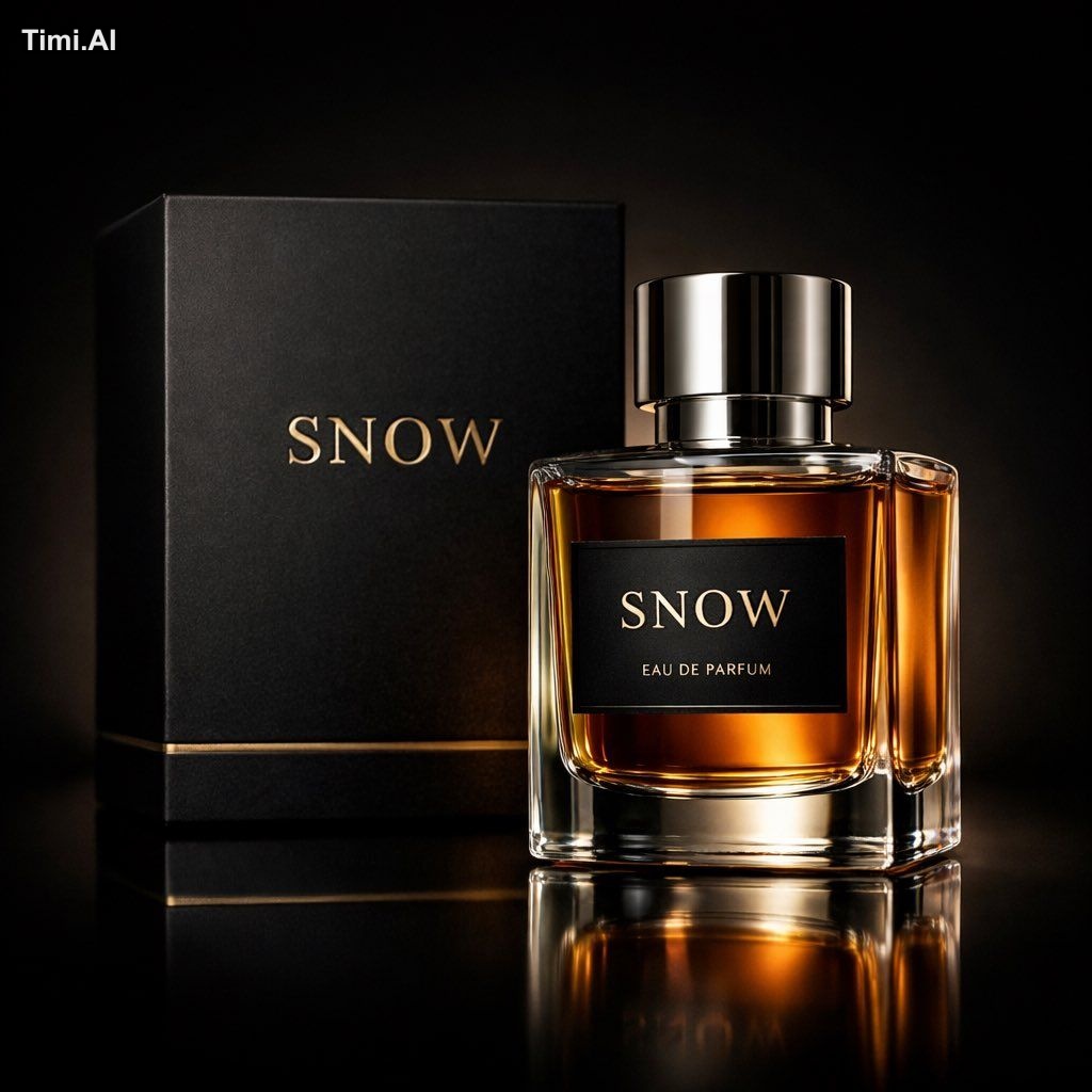 Luxury perfume product named “SNOW” photography in a dark cinematic stu…