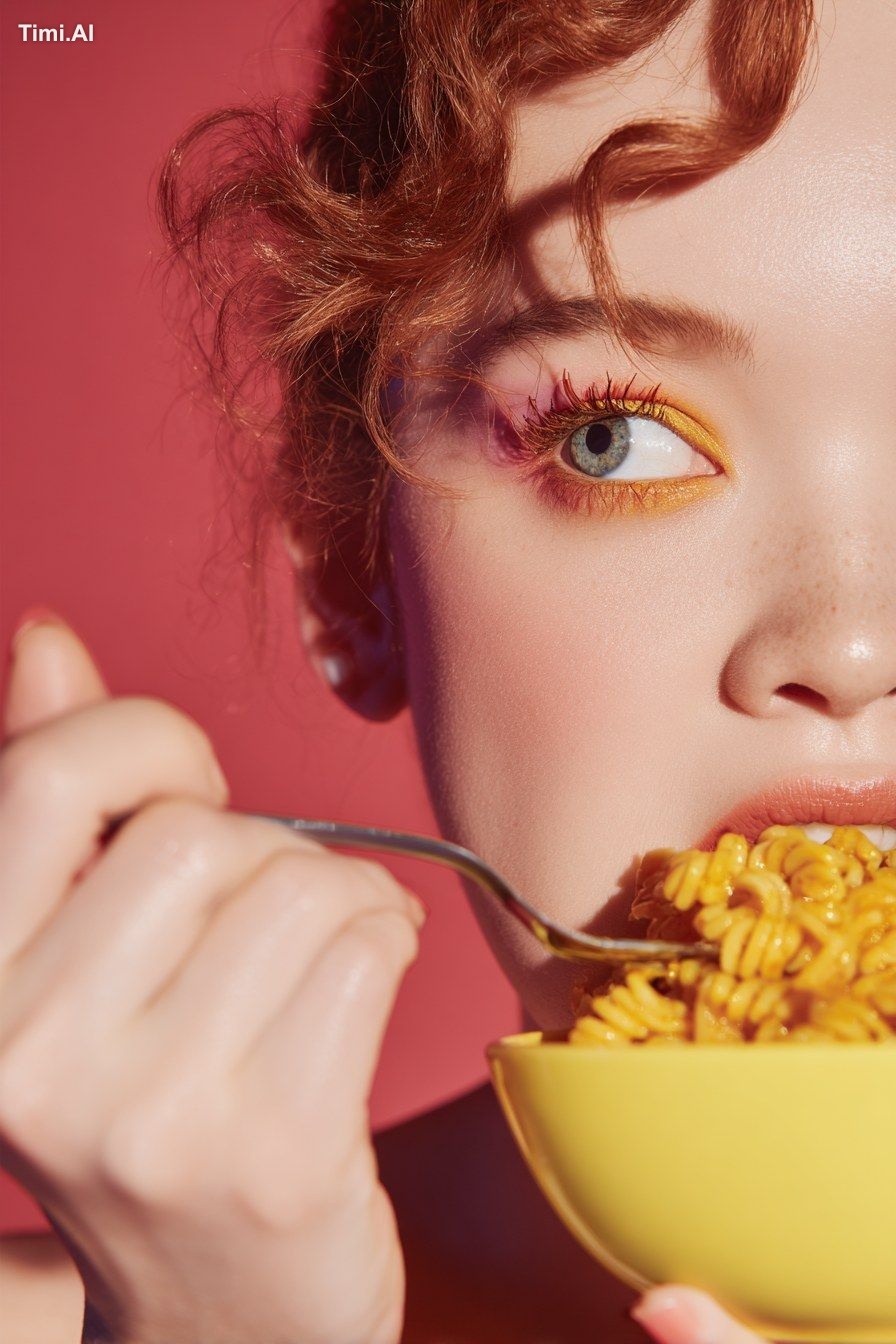 (smiling persons eating: [side dish]). Vibrant studio photography, high…