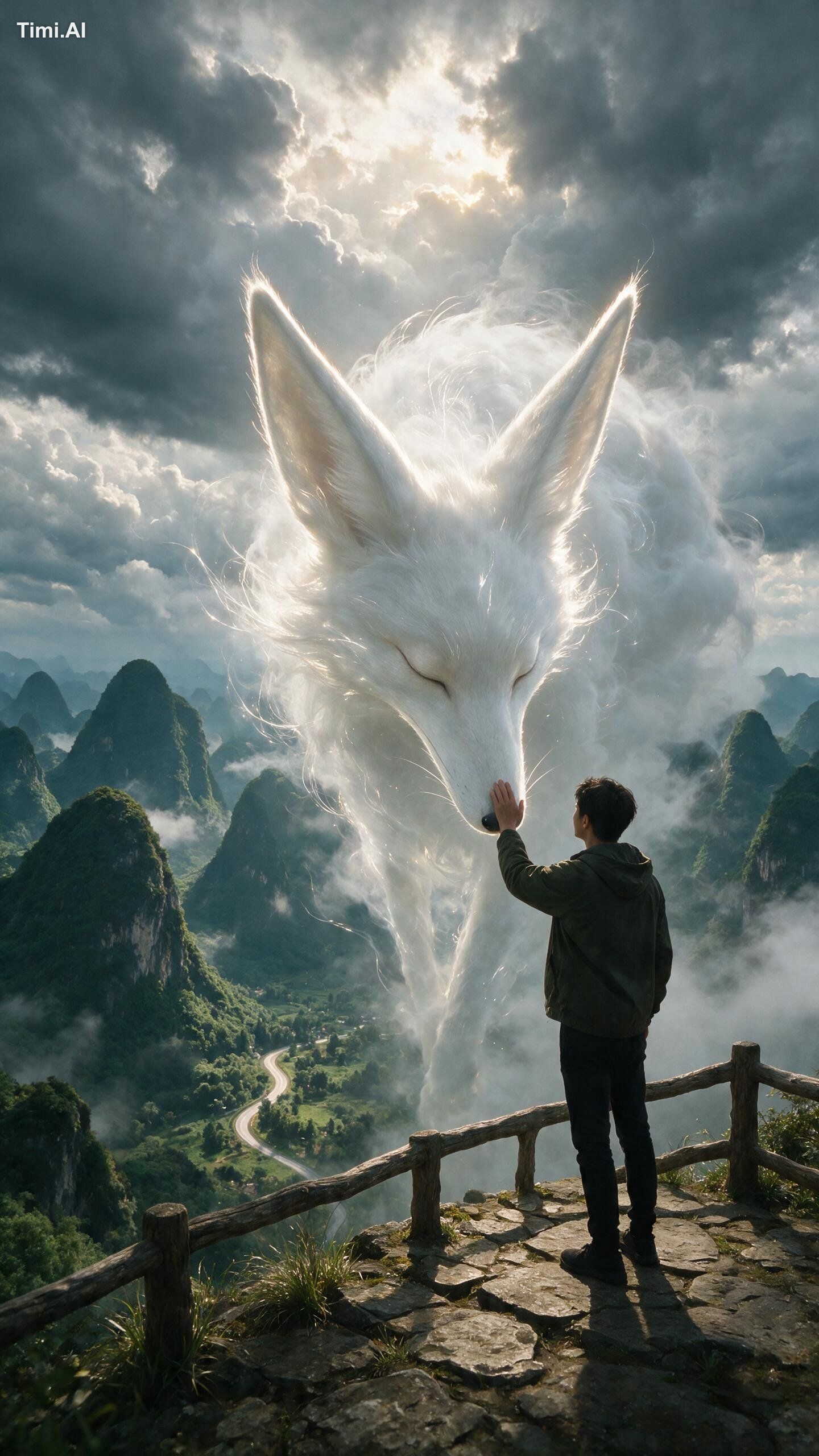 A cinematic fantasy scene from a slightly low, over-the-shoulder perspe…