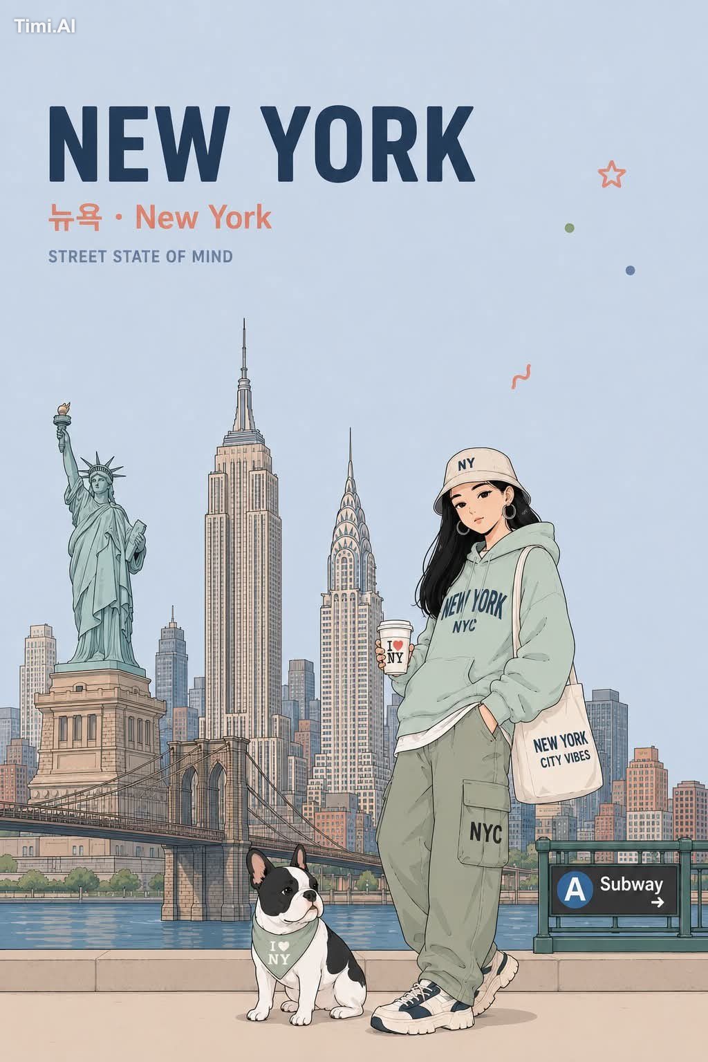 Anime travel poster illustration in a clean pastel aesthetic, portrait … 1